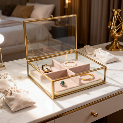 🪞 A Transparent Glass Jewelry Organizer Designed To Bring Boutique-Level Elegance Into Your Dressing Space While Keeping Your Treasured Pieces Beautifully Arranged